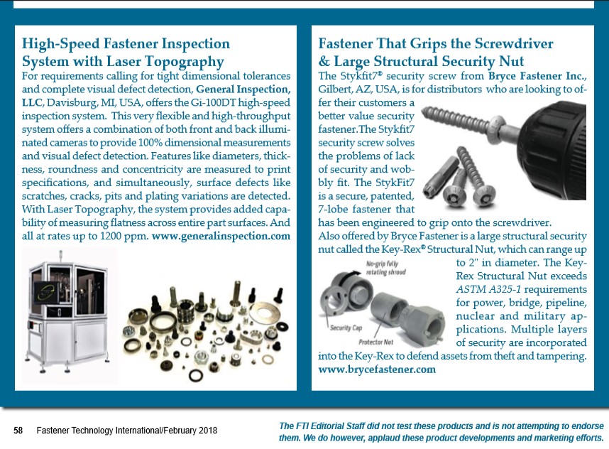 magazine picture of Bryce Fastener's products